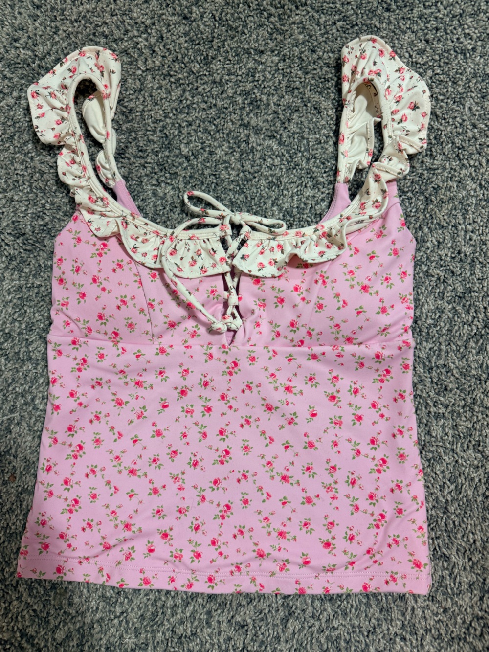 Blogilates Pink Floral Lace-Up Ruffle Tank Top